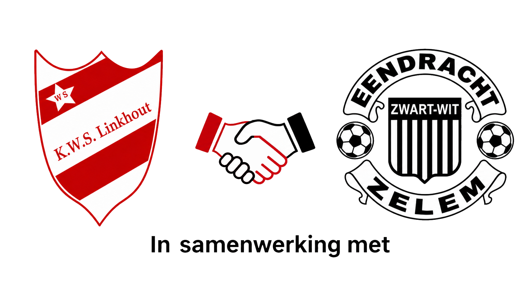 Het clubschild van KWS Linkhout en dat van Eendracht Zelem, met een handdruk ertussen: in samenwerking met